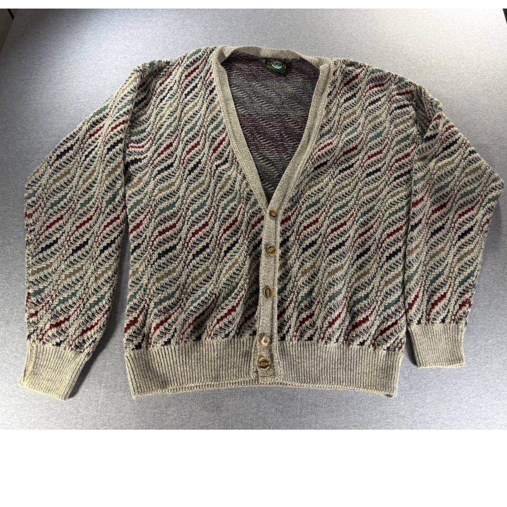 Vintage Janzen 90s Geometric 3-D Knit Cardigan Sweater Mens Medium Made in USA